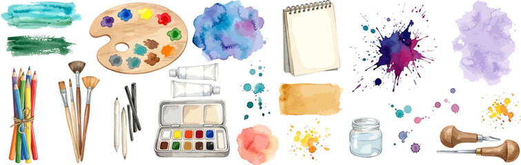 A professional icons collection of art supplies watercolor style vector illustrations, watercolors, brushes, palette, sketchbook, vibrant paint splashes and stains, no background, transparent © Arlen