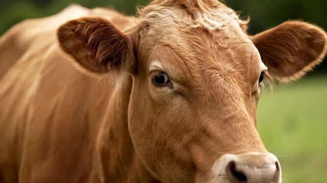 Close-up of a brown cows face in a green field.