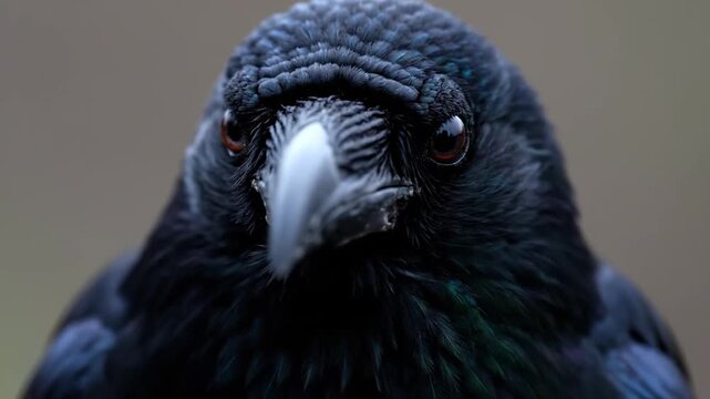 Closeup of a black crow looking directly at camera.