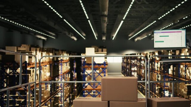 Industrial warehouse with empty platform and computer showing shipment tracking, software interface includes AWB numbers for parcel status updates. Order fulfillment details, cargo distribution.