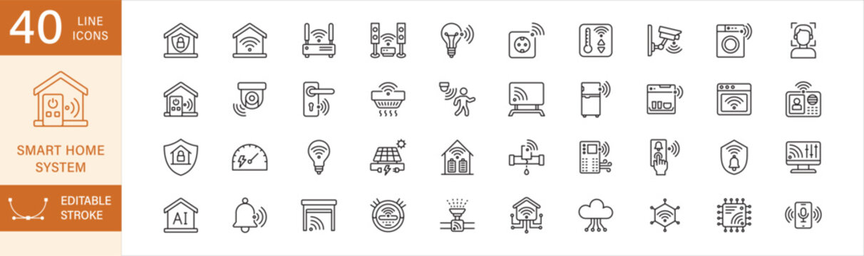 Smart Home system icon set. Smart home appliances icons. Contains symbol of automation tech, sensor, bulb, hub, face recognition, door lock, cctv camera, plug, intercom, garage, alarm. Editable stroke
