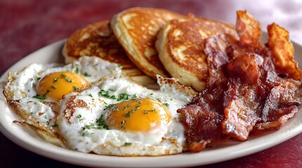 Eggs, pancakes, bacon, and toast make a classic hearty breakfast meal.