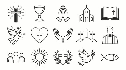 Naklejka premium Christian religion and church line icons set featuring cross, bible, praying hands, angel, priest and holy spirit symbols, concept for religious education, outreach and spiritual design