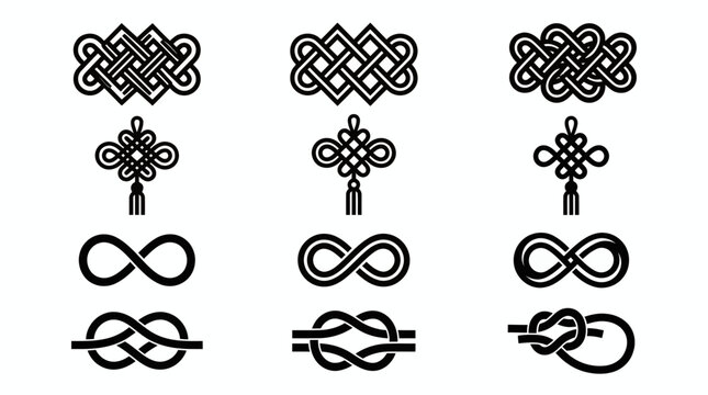 Collection of various black knot icons including infinity symbols, traditional Chinese knots and nautical rope ties isolated on white background, concept for branding, tattoo and web design