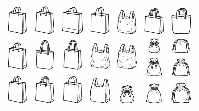 Collection of black line art shopping bag icons including tote bags, plastic sacks and fabric pouches on white background, concept for retail branding, commercial marketing and graphic illustration