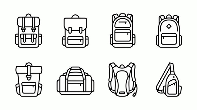 Set of minimalist outline icons featuring backpacks, rucksacks, duffel bag, hydration pack and sling bag on white background, concept for travel gear, outdoor equipment and digital interface