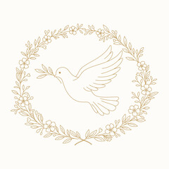 Gołąb pokoju z gałązką oliwną w złotym wianku kwiatowym — elegancka ilustracja wektorowa w stylu line art. Lecący biały gołąb otoczony okrągłą ramką z kwiatów i liści w kolorze złotym. © Monika