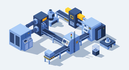 Obraz premium Isometric Industrial Production Line with Automated Machinery and Conveyor Belts.