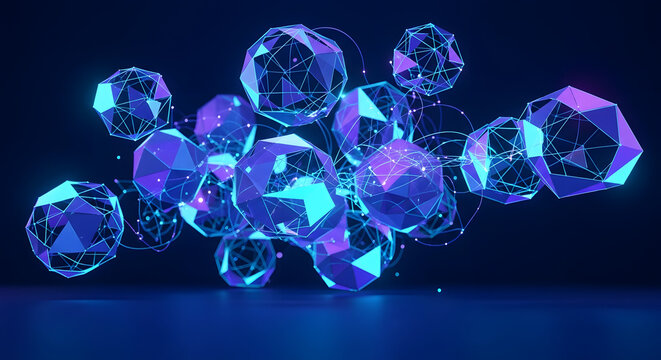 A futuristic digital illustration of glowing blue and purple geometric spheres floating in a dark space