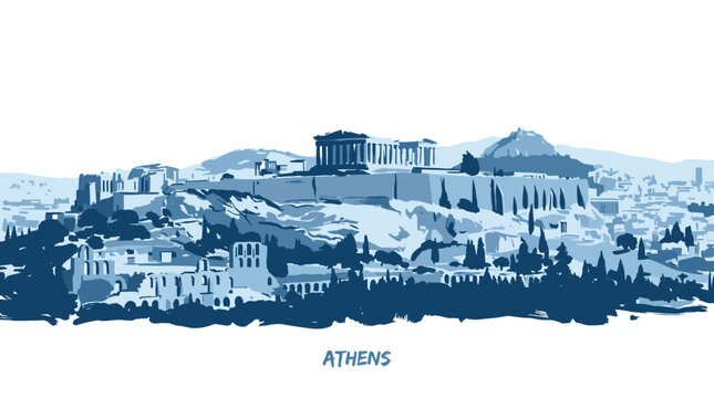 A stylized illustration of the Acropolis in Athens, Greece, with the Parthenon prominently featured atop the hill.