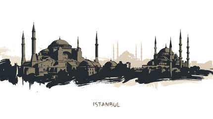 Fototapeta premium A stylized silhouette of the iconic Istanbul skyline, featuring the Hagia Sophia and Blue Mosque, rendered in a sepia tone.