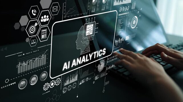 Hands typing on keyboard with digital screen displaying AI analytics and data visualization in futuristic tech environment. Asymptotic smart data analytic.