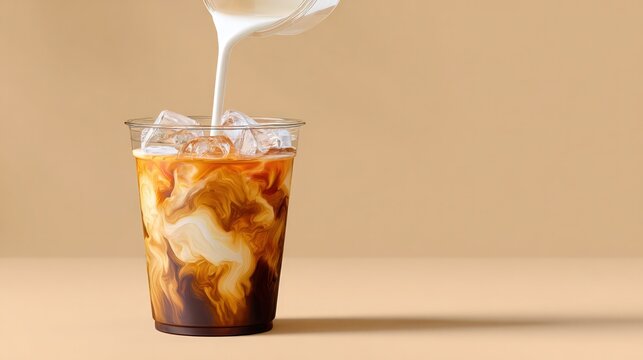 Milk streams into cup filled with ice and cold coffee, creating caramel and white liquid swirls, copy space