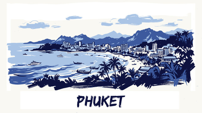 A scenic watercolor illustration of the bustling coastal city of Phuket, Thailand, with its sandy beaches, palm trees, and distant mountains.