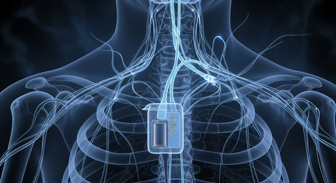 Human skeleton with glowing blue trachea and lungs in dark mysterious lighting for medical education