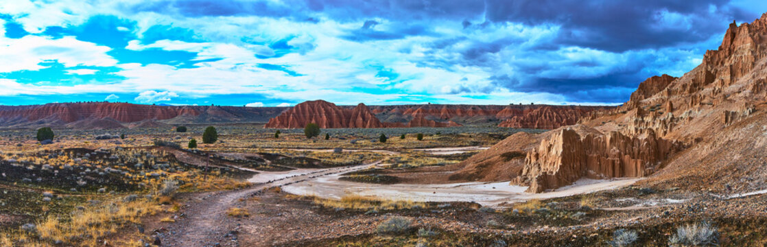 Cathedral Gorge State Park Panorama with Juniper Draw Trail and Dramatic Rock Formations