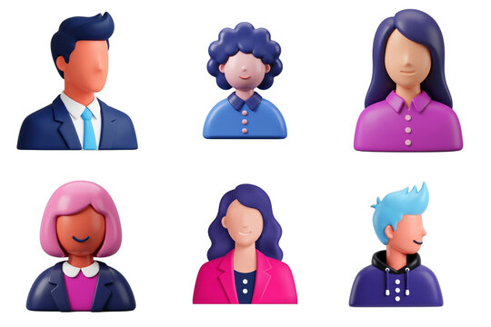 3D render icon set of isolated people avatars arranged in a 3x2 grid with transparent background, modern glossy style
