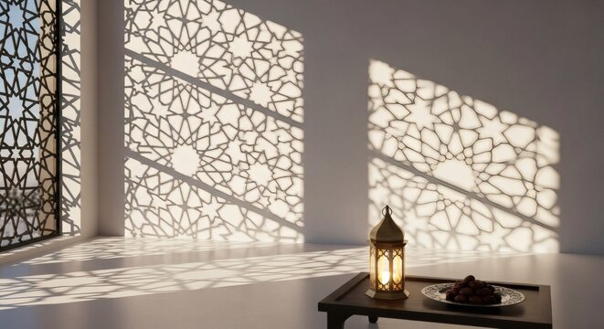 Minimal Islamic interior with ornate geometric window shadows cast by warm sunlight on a white wall..