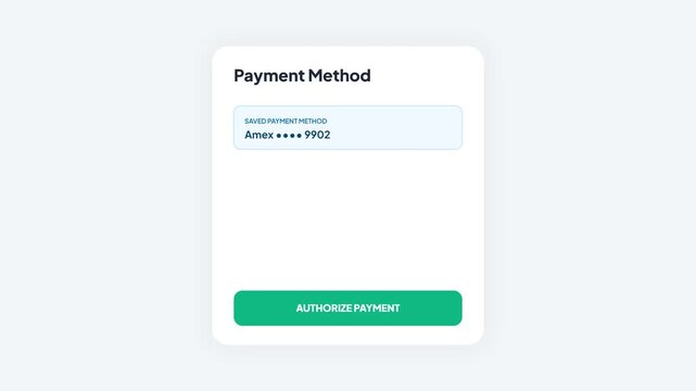 Modern digital interface illustrating a payment method selection and authorization process, featuring a masked card number for secure online transactions