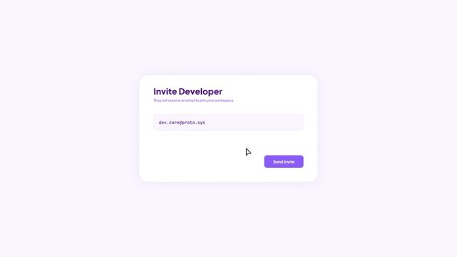 User interface for inviting a developer with an email input field and a submit button on a light purple background