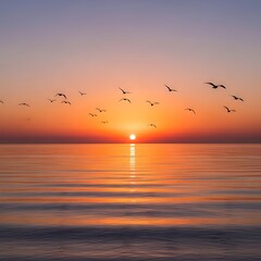 Obraz premium Sunset over calm sea with birds flying.