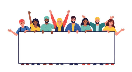 Naklejka premium Diverse group of people standing together behind a large blank white board or frame illustration in a flat style with happy and celebratory mood.