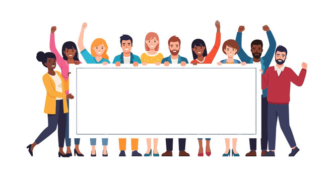 Diverse group of people standing together behind a large blank white board in a flat illustration style with a happy and celebratory mood.