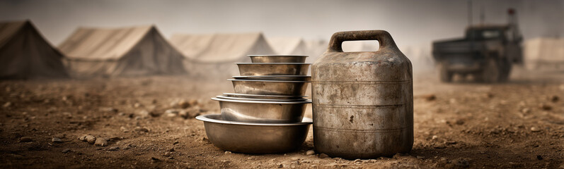 Fototapeta premium A Harsh Existence: A weathered fuel container and a stack of bowls stand as silent witnesses to the challenges of living in a rugged camp setting.