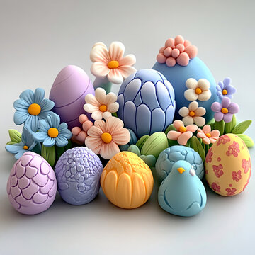 Whimsical Arrangement of Pastel Easter Eggs and Flowers