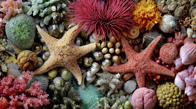 Marine life like starfish, corals, and shells formed the backdrop.