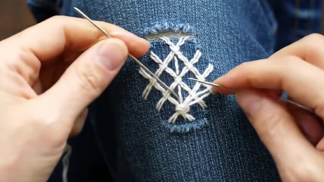 Close up of hands meticulously mending a torn hole in blue denim jeans using thick white thread in a decorative cross hatch stitch pattern.