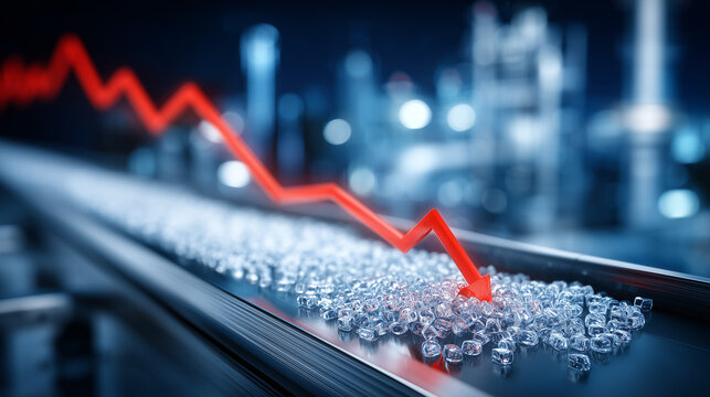 Market Decline: Conveyor belt carries product under red arrow with industry setting, suggesting decline