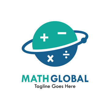 Math global logo featuring a planetary globe with mathematical symbols and an orbiting ring, ideal for education, science, or technology brands