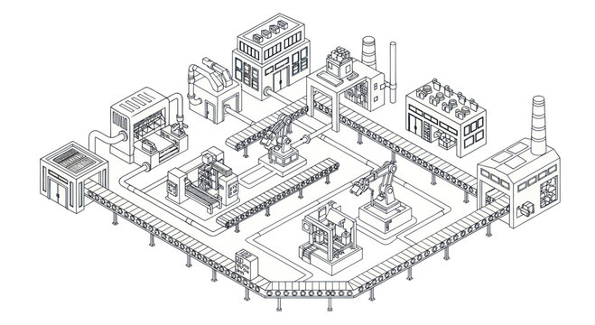 Automated Factory Production Line with Robotic Arms and Machinery.