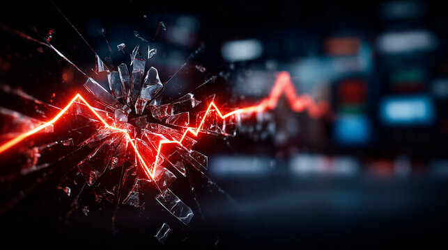 Stock Market Crash: A dramatic visual representing financial turmoil with a neon line chart piercing through shattered glass, symbolizing market volatility and economic downturn.