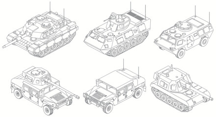 Collection of Six Different Military Vehicles in Isometric Line Art Style. © DOG2