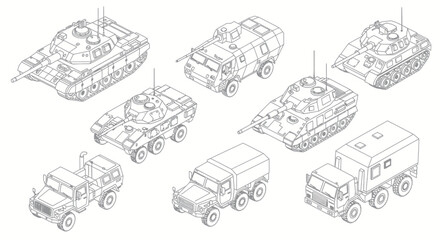 Collection of Military Vehicles and Trucks in Isometric Line Art Style. © DOG2