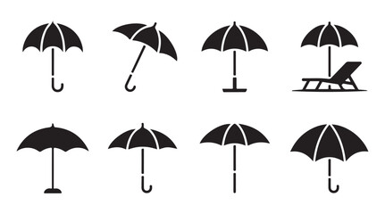 Obraz premium Minimalist sunshade and beach lounge chair icons for summer vacation branding in vector set