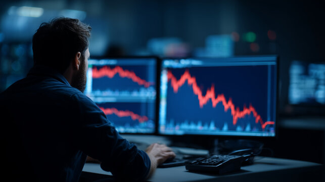 Market Downturn: A man is focused on monitoring the falling trend lines displayed on his dual computer monitors, representing the instability in the marketplace.