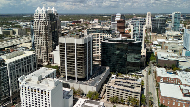 Downtown Orlando aerial with office towers and city streets