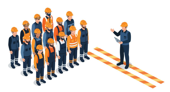 Construction workers gathered for a safety briefing outdoors.