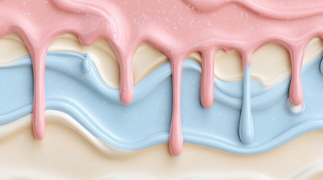 Pastel candy or ice cream layers flow. Sweet dessert border with melted icing drips. White, pink, and blue glaze.