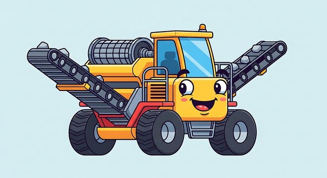 Smiling cartoon tractor with attachments.