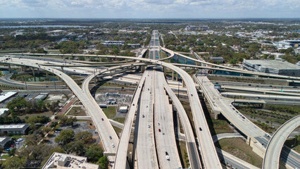 Multilayer highway interchange aerial with sweeping overpasses