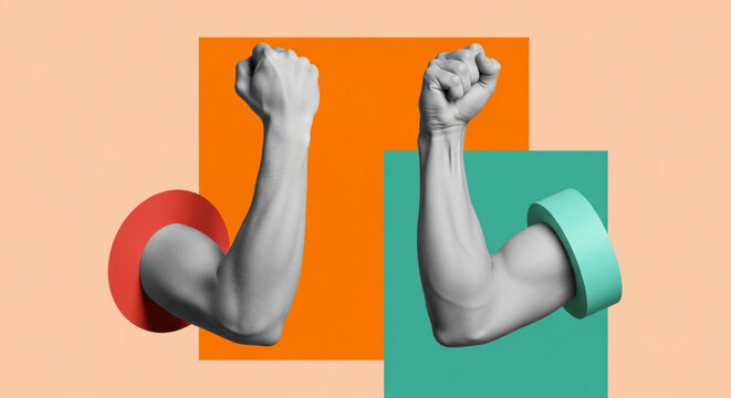Abstract graphic art featuring two monochrome flexing arms bursting through vibrant geometric rings, symbolizing an individual challenge and the raw power of human strength