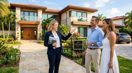 Real estate agent shows house to couple in front of a for sale sign in a sunny neighborhood in the afternoon