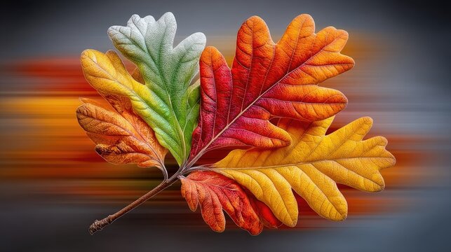 Colorful Oak Leaves Showing Gradation of Green Red and Yellow on Blurred Background