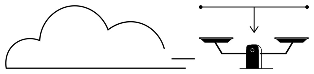 Cloud computing, cybersecurity, data storage, digital balance, modern technology, data privacy. Abstract cloud next to symbolic scales. Cloud computing and cybersecurity concepts