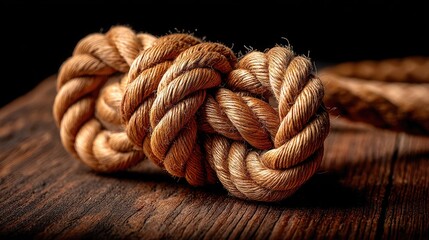 Thick Natural Rope Knot Resting on Rustic Wooden Surface