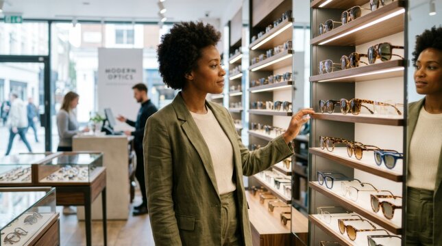 Woman shopping for sunglasses in modern optical store during daylight hours in a busy urban environment